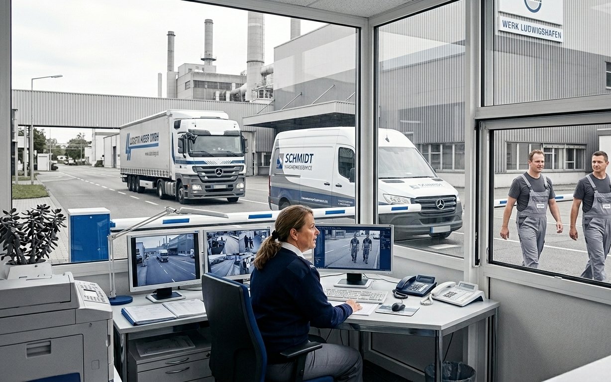 Pförtnerloge mit Monitoren, LKW und Besuchern auf dem Werksgelände